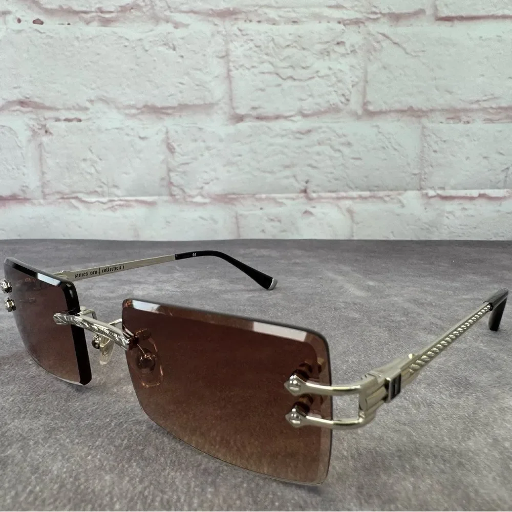 James Oro Silver Brown Tint Authentic II Rimless Sunglasses NEW
